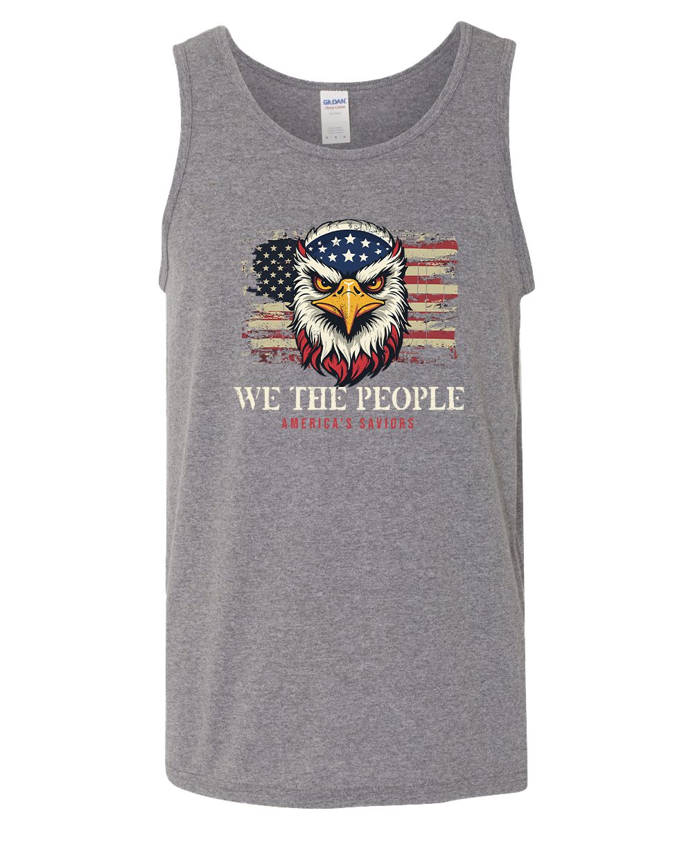 We The People America’s Saviors Patriotic Graphic Tank Top with Bold Eagle and American Flag design for patriotic Americans.