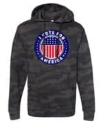 I Vote For America Graphic Hoodie with a patriotic design featuring red, white, and blue elements.