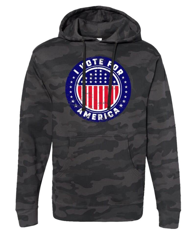 I Vote For America Graphic Hoodie with a patriotic design featuring red, white, and blue elements.