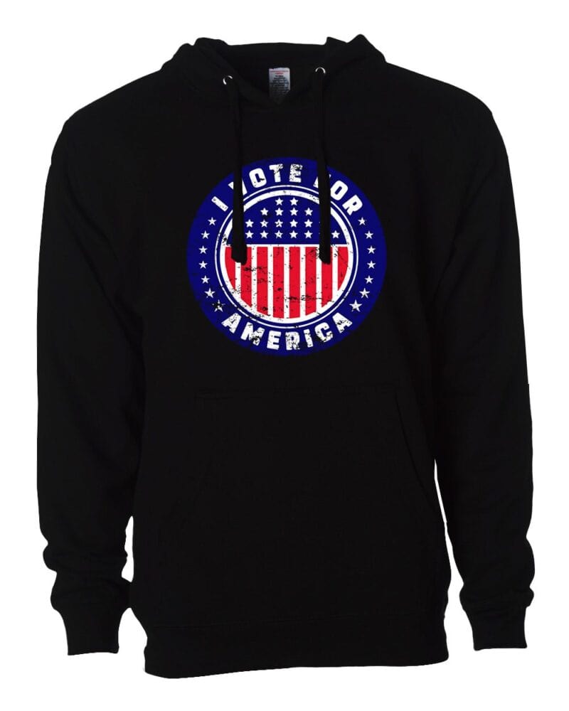 I Vote For America Graphic Hoodie with a patriotic design featuring red, white, and blue elements.