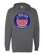 I Vote For America Graphic Hoodie with a patriotic design featuring red, white, and blue elements.