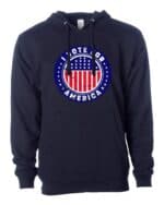 I Vote For America Graphic Hoodie with a patriotic design featuring red, white, and blue elements.