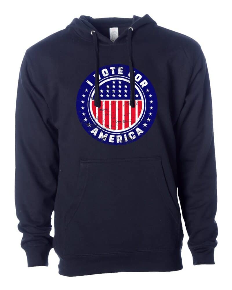 I Vote For America Graphic Hoodie with a patriotic design featuring red, white, and blue elements.