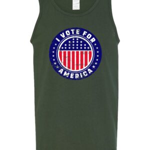 I Vote For America Graphic Tank Top featuring a bold patriotic design with red, white, and blue elements.