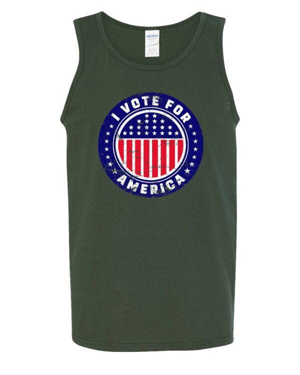I Vote For America Graphic Tank Top featuring a bold patriotic design with red, white, and blue elements.