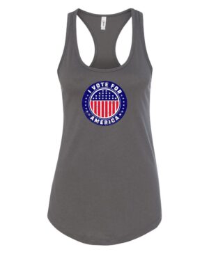 Patriotic womens tank top with I Vote For America graphic design in red white blue colors