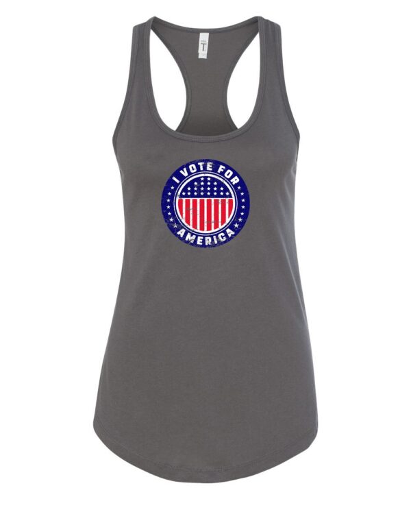 I Vote For America Graphic Woman’s Tank Top featuring a vibrant patriotic design with red, white, and blue elements
