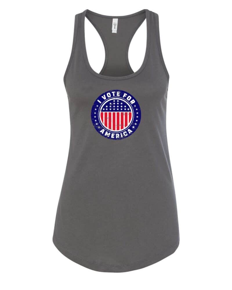 Patriotic womens tank top with I Vote For America graphic design in red white blue colors
