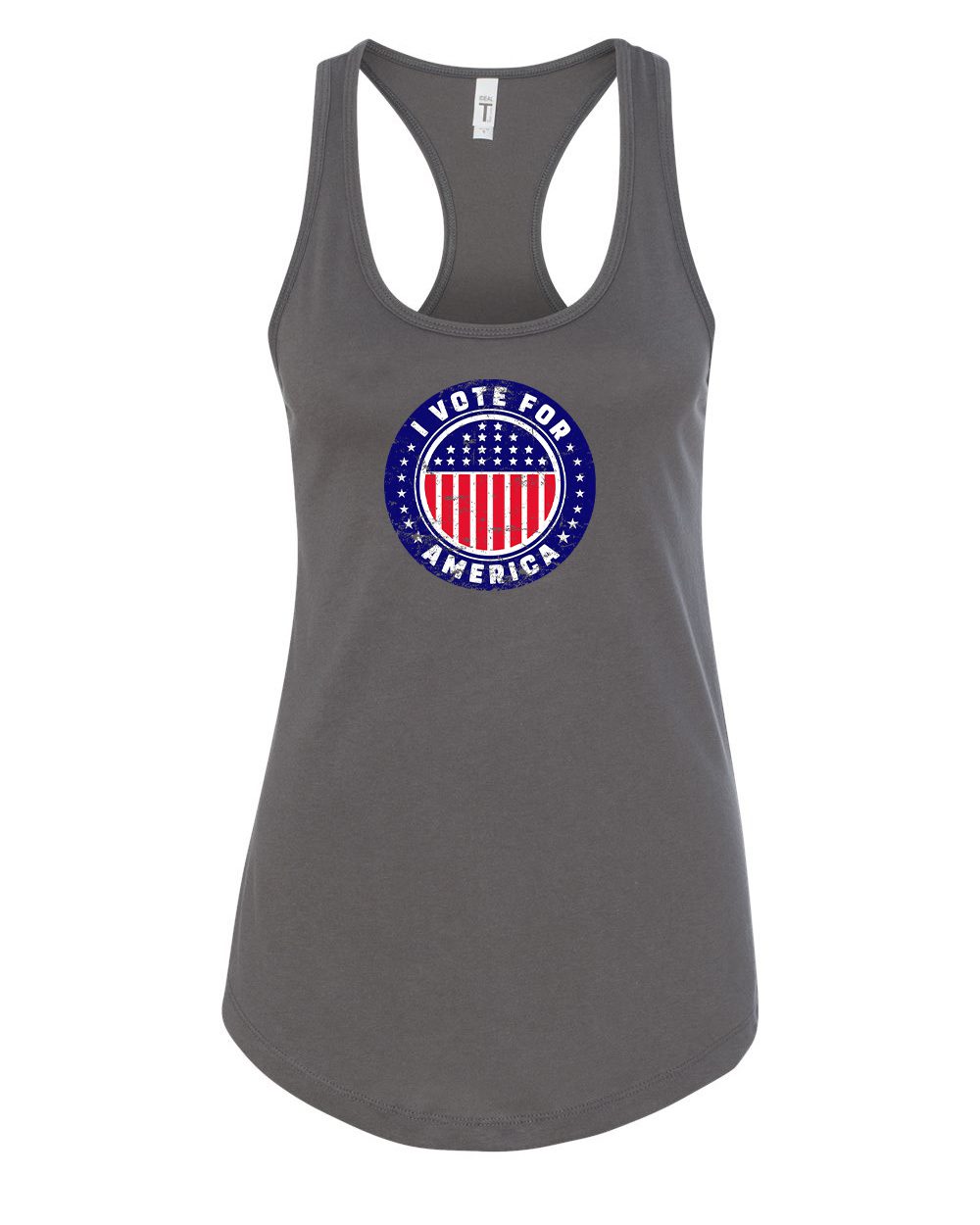 Patriotic womens tank top with I Vote For America graphic design in red white blue colors