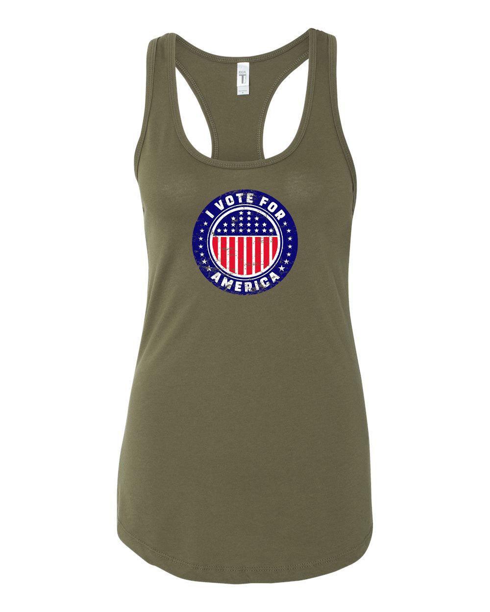 I Vote For America Graphic Woman’s Tank Top featuring a vibrant patriotic design with red, white, and blue elements