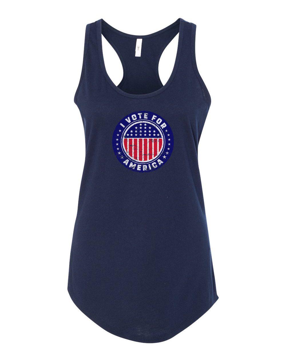 I Vote For America Graphic Woman’s Tank Top featuring a vibrant patriotic design with red, white, and blue elements