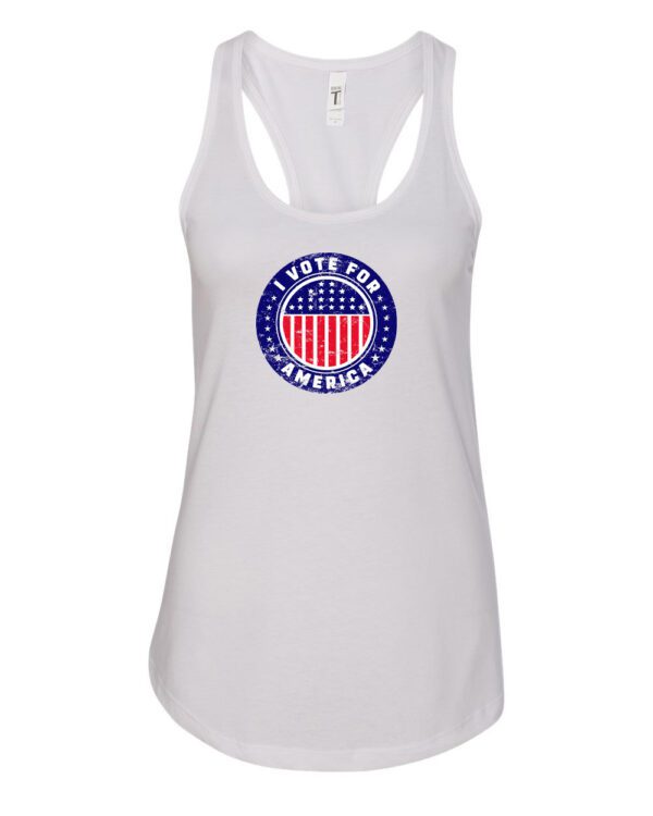 I Vote For America Graphic Woman’s Tank Top featuring a vibrant patriotic design with red, white, and blue elements