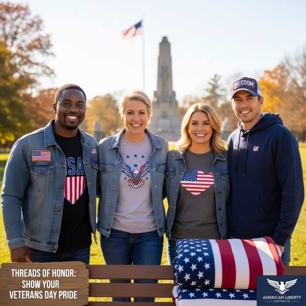 Americans wearing patriotic clothing at Veterans Day ceremony honoring service members