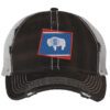 Distressed Wyoming trucker hat with embroidered state flag design, mesh back, and adjustable strapback closure.