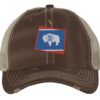 Distressed Wyoming trucker hat with embroidered state flag design, mesh back, and adjustable strapback closure.