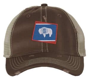Wyoming flag hat with distressed finish, embroidered Wyoming state flag in shape of Wyoming, mesh back and adjustable strapback closure