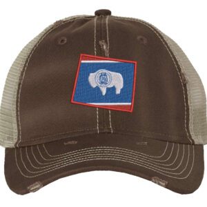 Distressed Wyoming trucker hat with embroidered state flag design, mesh back, and adjustable strapback closure.