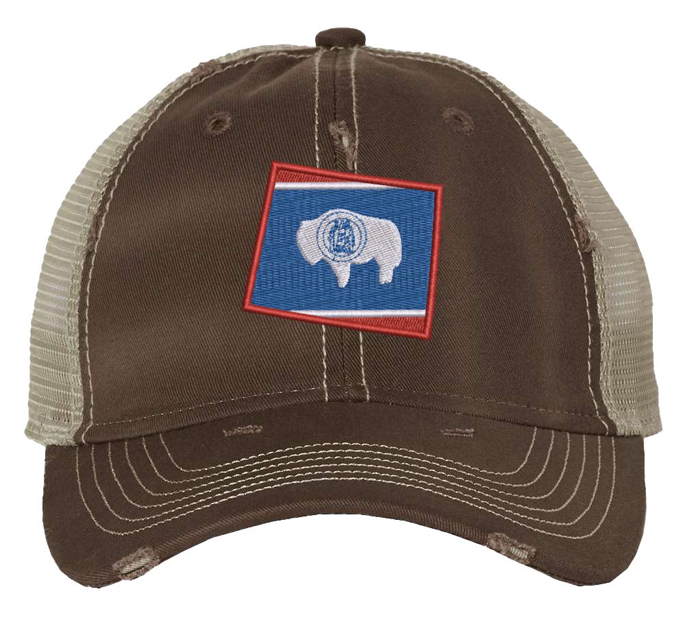 Wyoming flag hat with distressed finish, embroidered Wyoming state flag in shape of Wyoming, mesh back and adjustable strapback closure
