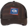 Distressed Wyoming trucker hat with embroidered state flag design, mesh back, and adjustable strapback closure.