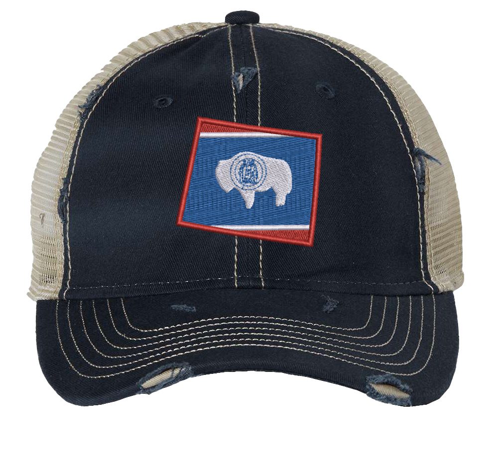 Distressed Wyoming trucker hat with embroidered state flag design, mesh back, and adjustable strapback closure.