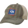 Distressed Wyoming trucker hat with embroidered state flag design, mesh back, and adjustable strapback closure.