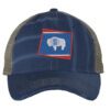 Distressed Wyoming trucker hat with embroidered state flag design, mesh back, and adjustable strapback closure.