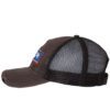 Distressed Wyoming trucker hat with embroidered state flag design, mesh back, and adjustable strapback closure.