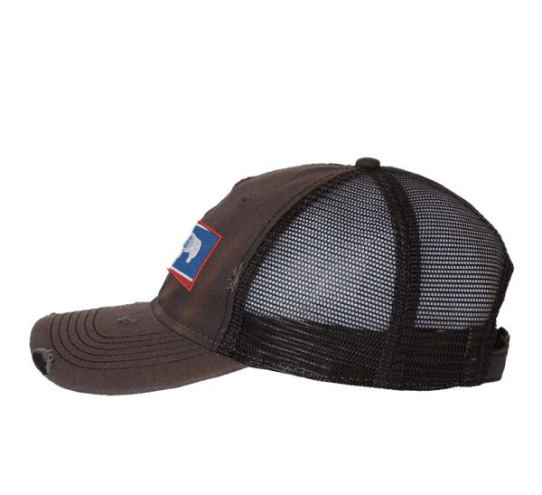 Distressed Wyoming trucker hat with embroidered state flag design, mesh back, and adjustable strapback closure.