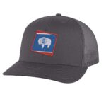 Classic Wyoming trucker hat with embroidered state flag design, mesh back, and adjustable snapback closure.