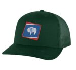 Classic Wyoming trucker hat with embroidered state flag design, mesh back, and adjustable snapback closure.