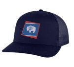 Classic Wyoming trucker hat with embroidered state flag design, mesh back, and adjustable snapback closure.