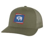 Wyoming trucker hat with embroidered Wyoming state flag in shape of Wyoming, mesh back and adjustable snapback closure