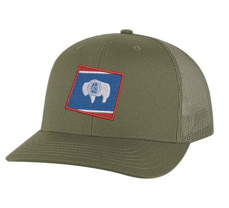 101R-Olive_Green_Wyoming_State_Flag_Classic_Trucker_Hat Wyoming trucker hat with embroidered Wyoming state flag in shape of Wyoming, mesh back and adjustable snapback closure