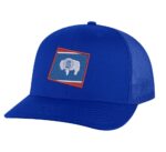 Classic Wyoming trucker hat with embroidered state flag design, mesh back, and adjustable snapback closure.