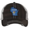 Distressed Wisconsin trucker hat with embroidered state flag design, mesh back, and adjustable strapback closure.