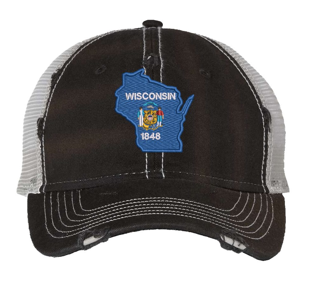 Distressed Wisconsin trucker hat with embroidered state flag design, mesh back, and adjustable strapback closure.