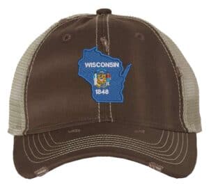 Wisconsin cap with distressed finish, embroidered Wisconsin state flag in shape of Wisconsin, mesh back and adjustable strapback closure