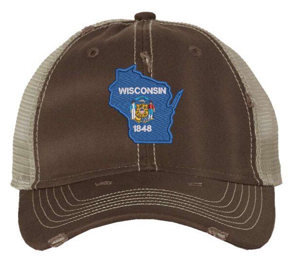 Distressed Wisconsin trucker hat with embroidered state flag design, mesh back, and adjustable strapback closure.