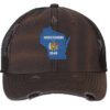 Distressed Wisconsin trucker hat with embroidered state flag design, mesh back, and adjustable strapback closure.