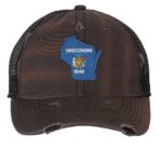 Distressed Wisconsin trucker hat with embroidered state flag design, mesh back, and adjustable strapback closure.