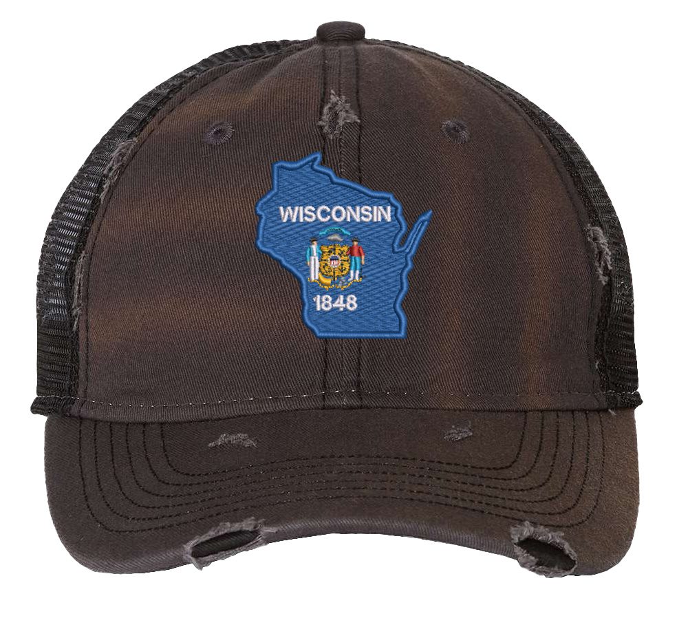 Distressed Wisconsin trucker hat with embroidered state flag design, mesh back, and adjustable strapback closure.