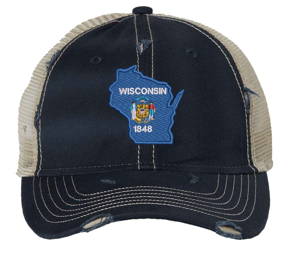 Distressed Wisconsin trucker hat with embroidered state flag design, mesh back, and adjustable strapback closure.