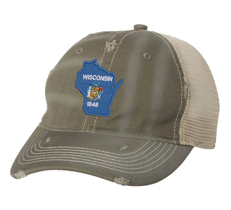 Wisconsin cap with distressed finish, embroidered Wisconsin state flag in shape of Wisconsin, mesh back and adjustable strapback closure