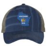 Distressed Wisconsin trucker hat with embroidered state flag design, mesh back, and adjustable strapback closure.