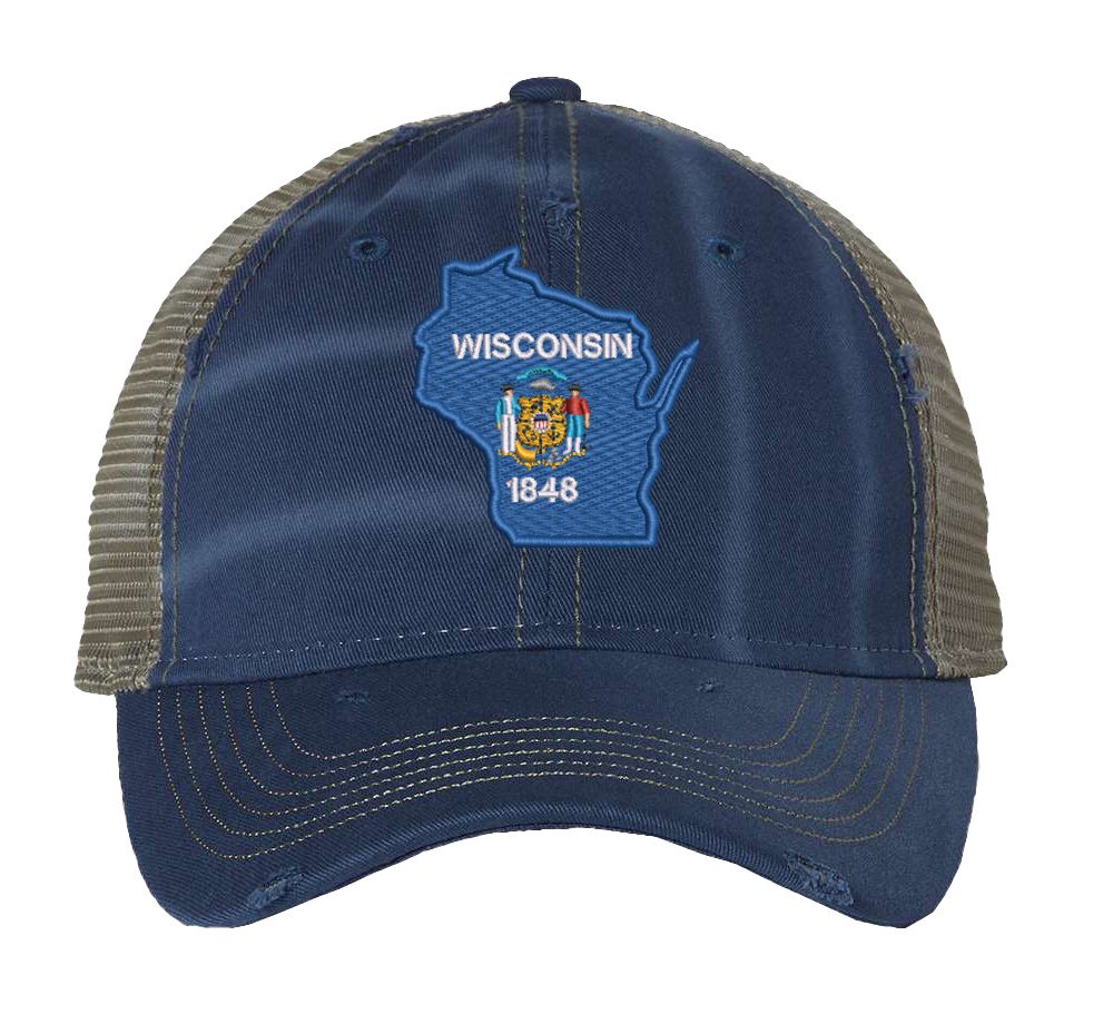 Distressed Wisconsin trucker hat with embroidered state flag design, mesh back, and adjustable strapback closure.