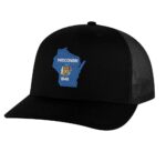 Classic Wisconsin trucker hat with embroidered state flag design, mesh back, and adjustable snapback closure.