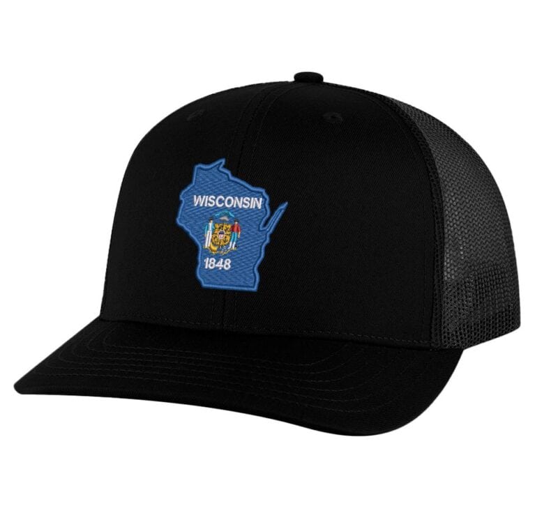 Classic Wisconsin trucker hat with embroidered state flag design, mesh back, and adjustable snapback closure.