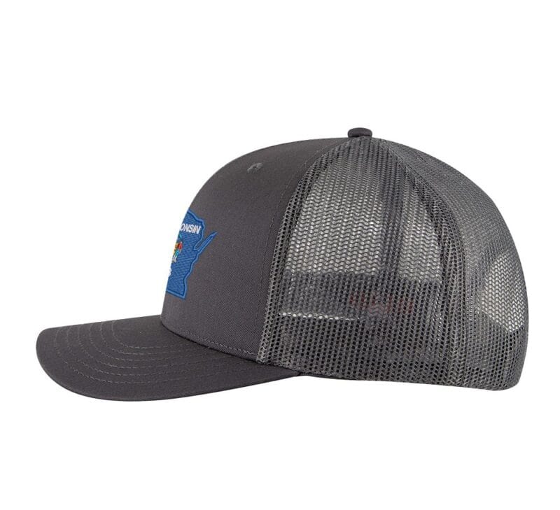 Classic Wisconsin trucker hat with embroidered state flag design, mesh back, and adjustable snapback closure.