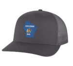 Classic Wisconsin trucker hat with embroidered state flag design, mesh back, and adjustable snapback closure.