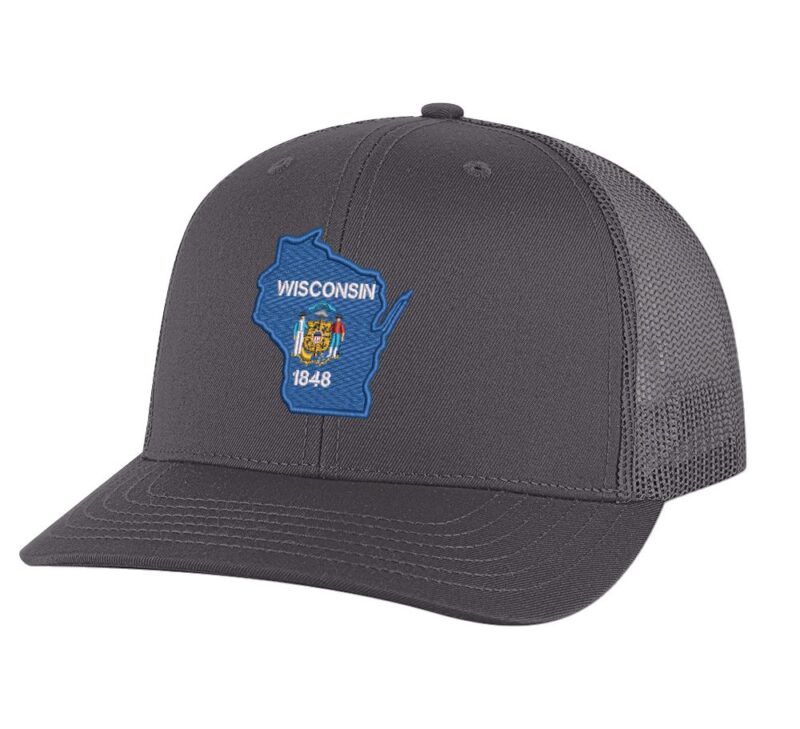 Classic Wisconsin trucker hat with embroidered state flag design, mesh back, and adjustable snapback closure.